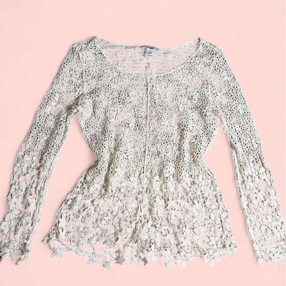 CATO cream crochet long sleeve top with floral lace pattern -  S